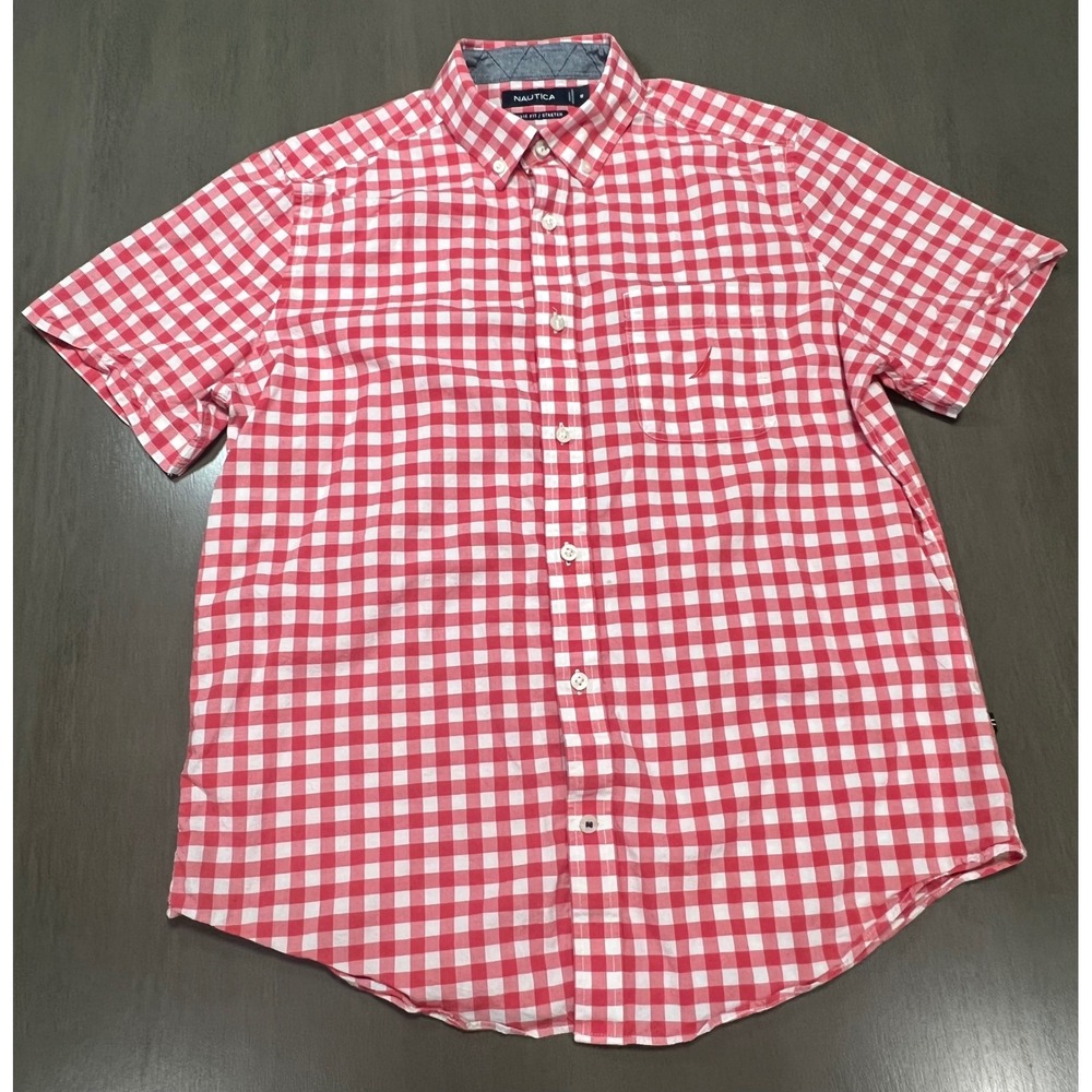 Nautica Mens Medium Red Gingham Button Down Shirt Classic Fit Stretch SS
